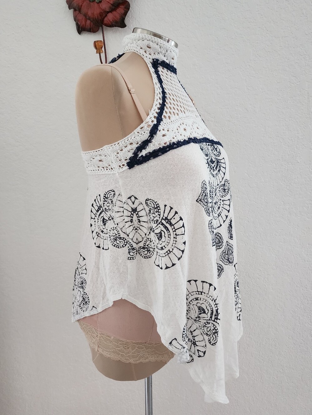 FREE PEOPLE | White Crochet Halter Tank Top with Navy Print - Picture 6 of 13